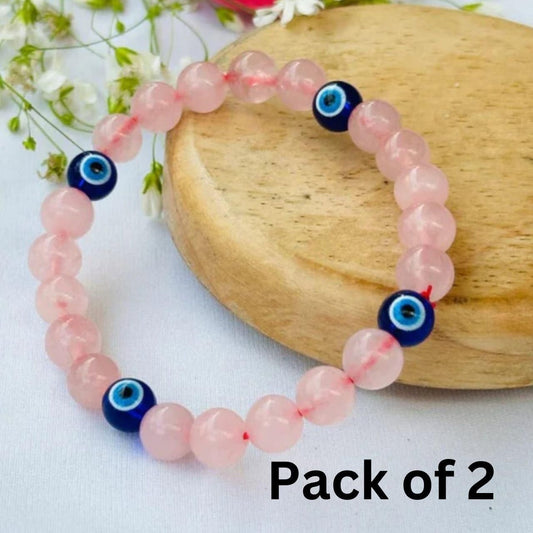Love and Relationship Protect Bracelet Pack of 2 - Evil Eye Hand Bracelet with Rose Quartz